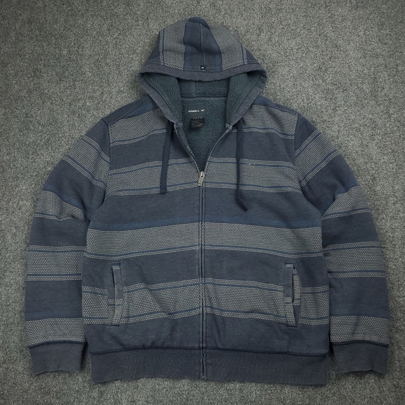 Vintage Oneill Hoodie Jacket Mens Large Sherpa Fleece Lined Zip Up Striped Y2K - Picture 1 of 12